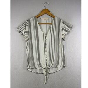 Boho Coastal Sim &‎ Sam Womens Small White Grey Striped Tie Front Flutter Top